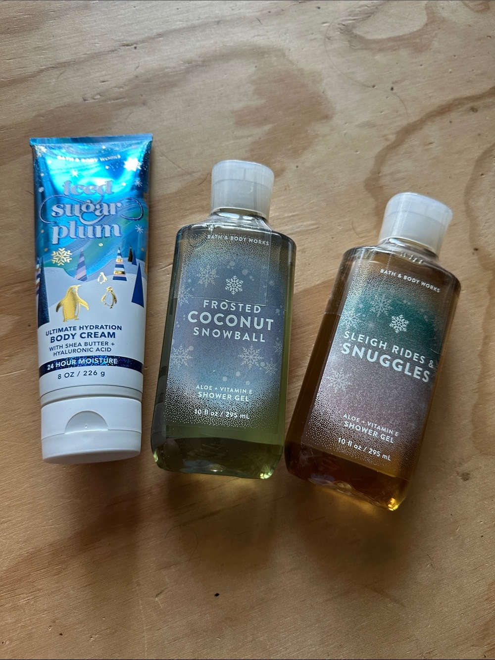 Bath & Body works set: iced sugar plum, frosted coconut snowball, sleigh ride